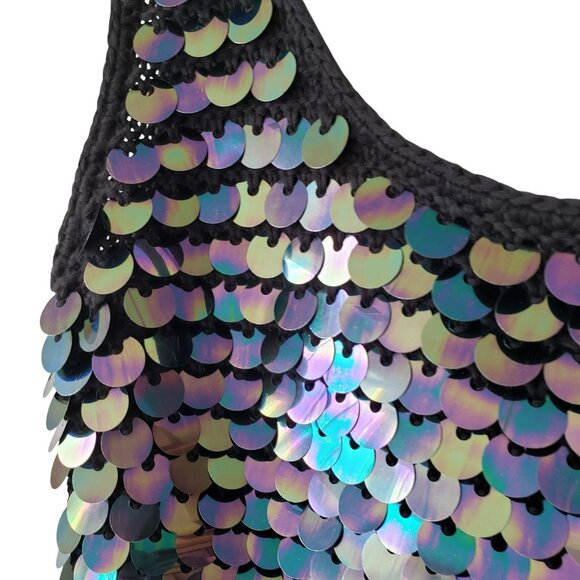 JoosTricot Black Rainbow Sequin Crochet Mini Rave Dress Retro Y2K Mermaid Disco - Picture 5 of 11